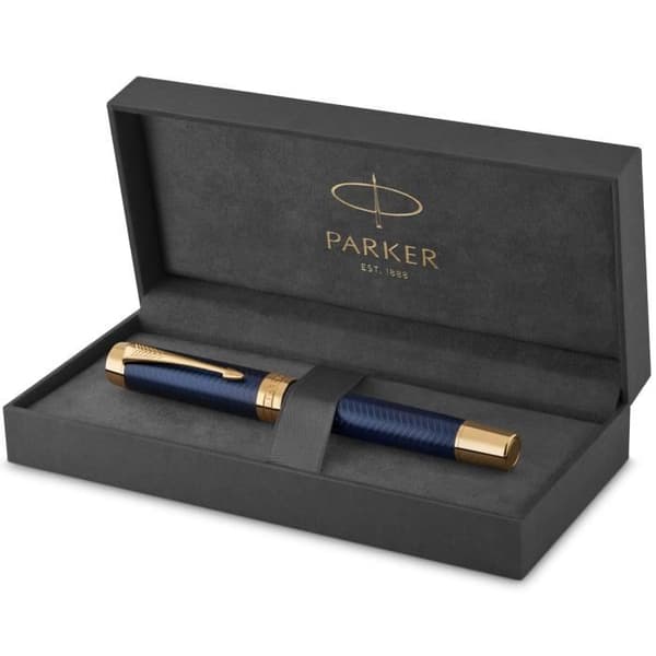 PARKER Duofold Prestige - Centennial reservoarpenna, blå Chevron, guldkant, fin 18K guldspets, presentförpackning