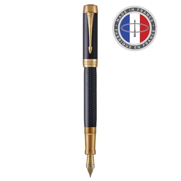 PARKER Duofold Prestige - Centennial reservoarpenna, blå Chevron, guldkant, fin 18K guldspets, presentförpackning