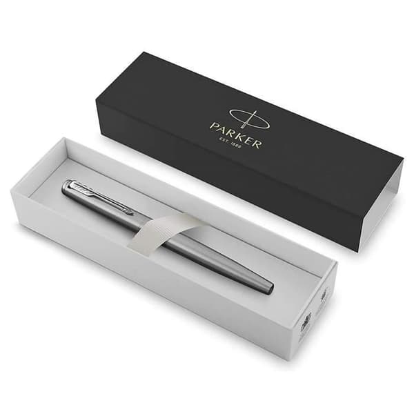 PARKER Jotter reservoarpenna, stål, kromkant, blå medium spets refill, presentförpackning