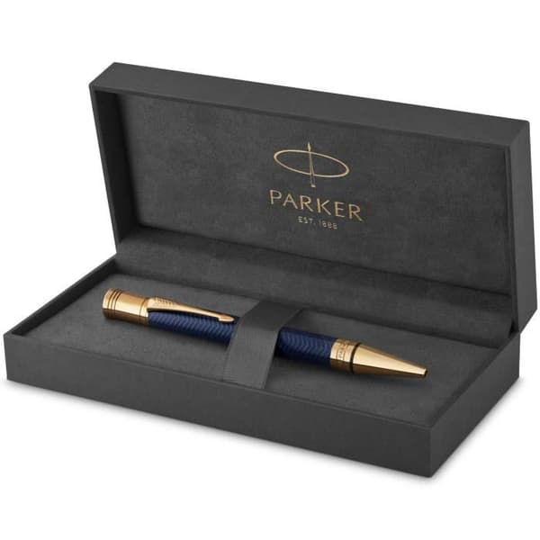PARKER Duofold Prestige - kulspetspenna, blå Chevron, guldkant, svart medium spetspåfyllning, presentförpackning