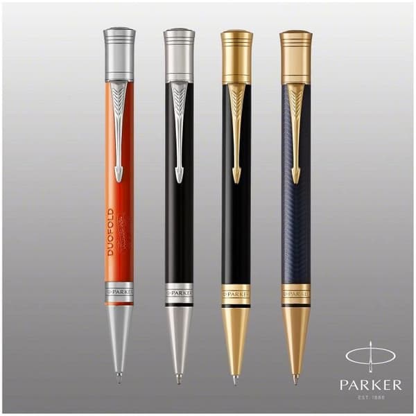 PARKER Duofold Prestige - kulspetspenna, blå Chevron, guldkant, svart medium spetspåfyllning, presentförpackning