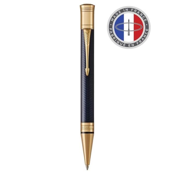 PARKER Duofold Prestige - kulspetspenna, blå Chevron, guldkant, svart medium spetspåfyllning, presentförpackning