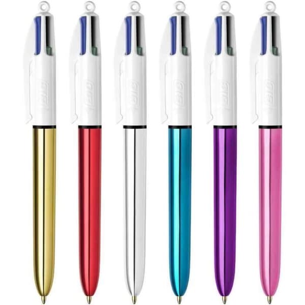 Retraktabla kulspetspennor - BIC - 4Colours Shine - Medelstift - Matchande färger - 12 stycken