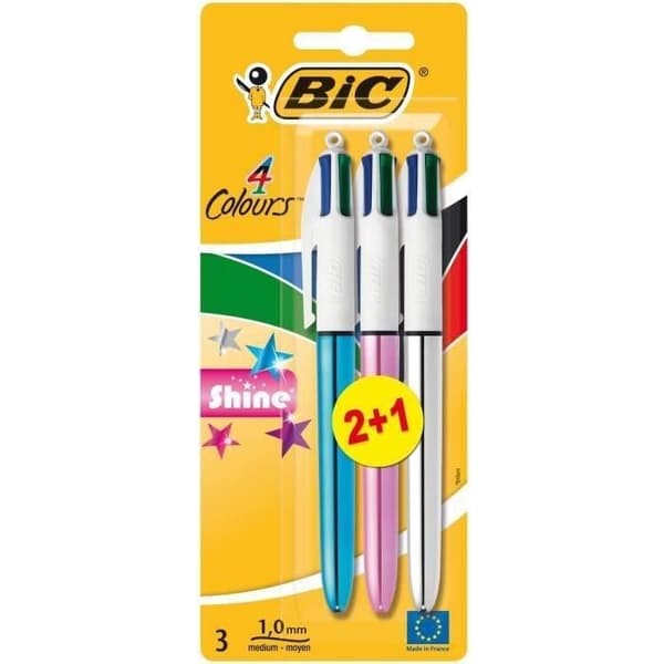 4 färger kulspetspenna - BIC - Shine - Blank beläggning - Runt fat - 2 + 1 gratis