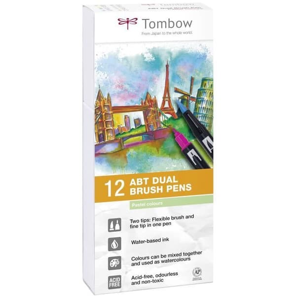 TOMBOW Box med 12 ABT markörer - Pastellfärger.