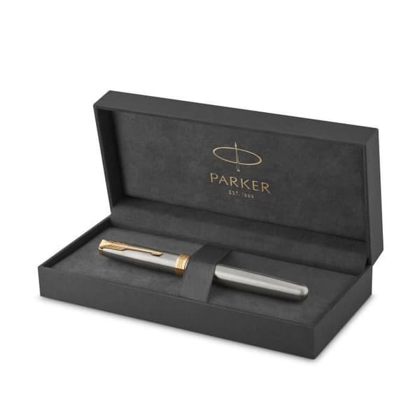 PARKER Sonnet Rollerball Pen, rostfritt stål, guldkant, svart finpunktspåfyllning – presentförpackning