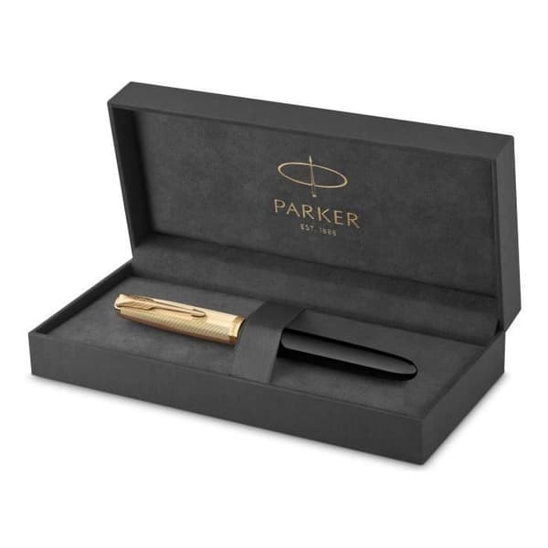 PARKER 51 Premium reservoarpenna, svart hartsfat + guldpläterad mössa, gyllene kant, 18k fin spets, presentförpackning