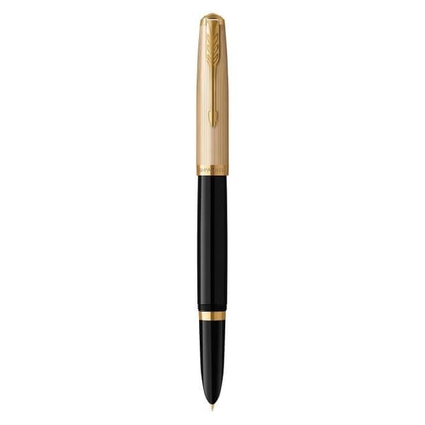 PARKER 51 Premium reservoarpenna, svart hartsfat + guldpläterad mössa, gyllene kant, 18k fin spets, presentförpackning