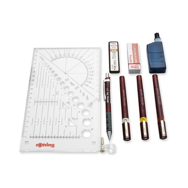 rOtring Set College: Mekanisk penna 0,5 + 3 Isograph 0,25/0,35/0,5 mm + radergummi + fodral med 12 HB-ledningar + 23 ml bläckflaska + kompassklämma