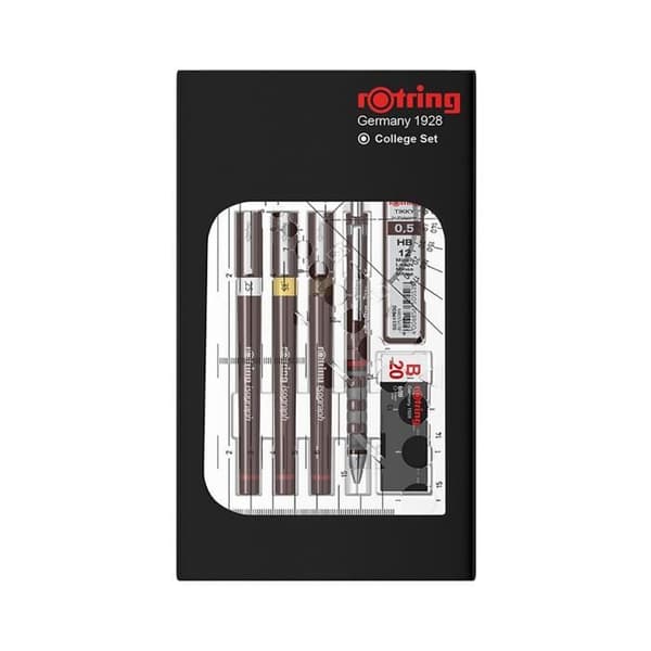 rOtring Set College: Mekanisk penna 0,5 + 3 Isograph 0,25/0,35/0,5 mm + radergummi + fodral med 12 HB-ledningar + 23 ml bläckflaska + kompassklämma