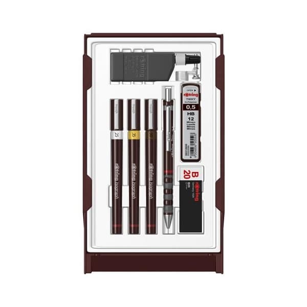 rOtring Set College: Mekanisk penna 0,5 + 3 Isograph 0,25/0,35/0,5 mm + radergummi + fodral med 12 HB-ledningar + 23 ml bläckflaska + kompassklämma