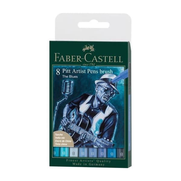 Markörer - Faber-Castell - Pitt Artist Pen - Blå toner - The Blues - Etui med 8 markörer