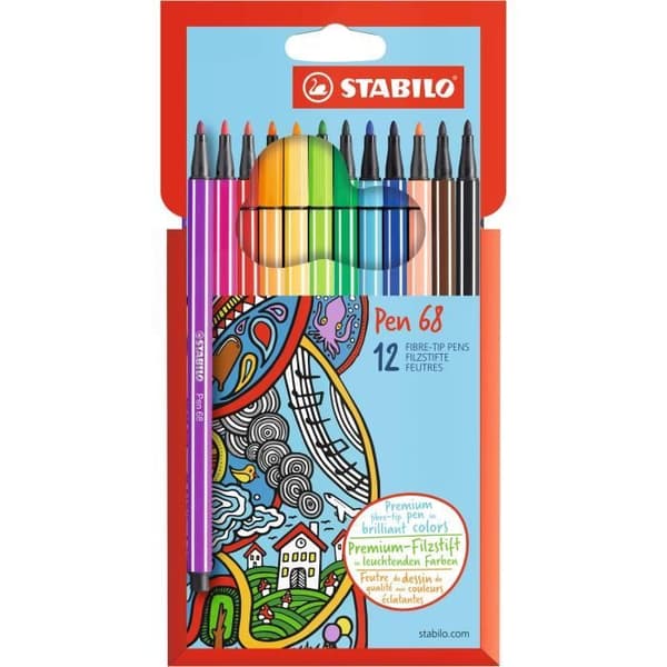 Färgpennor - STABILO - Pen 68 - 12 färger - Spets konformad 1 mm - Vattenbaserat bläck