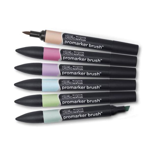 BrushMarker-pennor - Winsor &amp; Newton - Paket med 6 - Pastelltoner - Penselspets - Alkoholsbaserat bläck