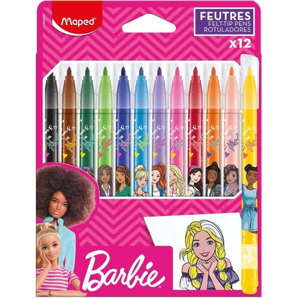 Markörer - MAPED - BARBIE - 12 markörer - 2,8 mm kulspets - Tvättbart bläck
