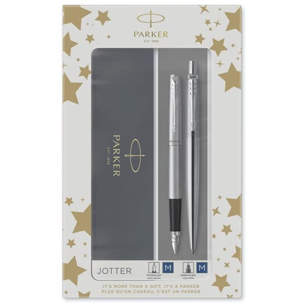 PARKER Jotter presentset, kulspetspenna i CT stål med blå refill medium spets + CT reservoarpenna Medium spets