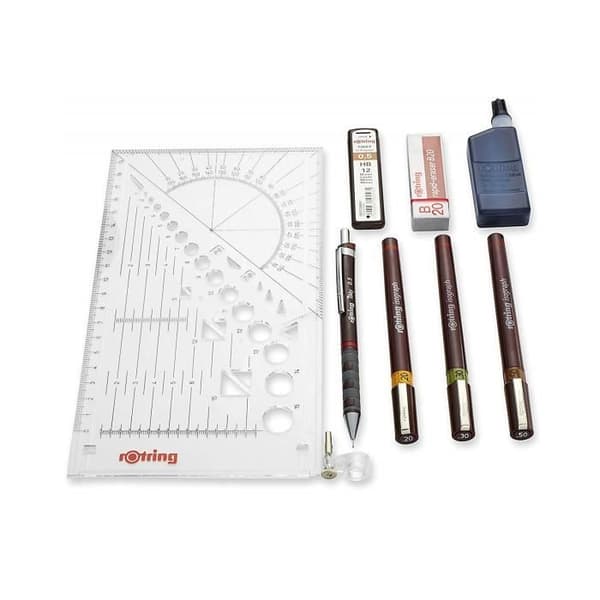 rOtring College Set, mekanisk penna 0,5 + 3 Isograph 0,2/0,3/0,5 mm + radergummi + fodral med 12 HB-kablar + 23 ml bläckflaska + kompassklämma