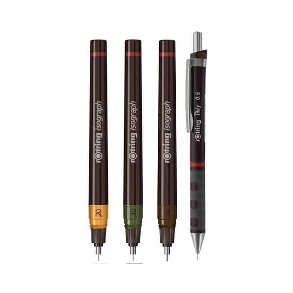 rOtring College Set, mekanisk penna 0,5 + 3 Isograph 0,2/0,3/0,5 mm + radergummi + fodral med 12 HB-kablar + 23 ml bläckflaska + kompassklämma