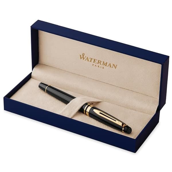 WATERMAN Expert Reservoarpenna, medium spets, svart lack med guldkant, blå bläckpatron, presentförpackning