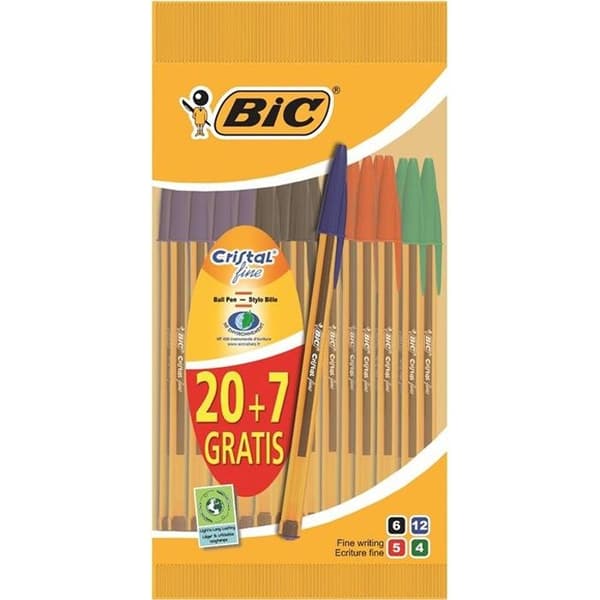 BIC® - Set med 27 Cristal® Fine Original kulspetspennor - Svart, blå, röd och grön
