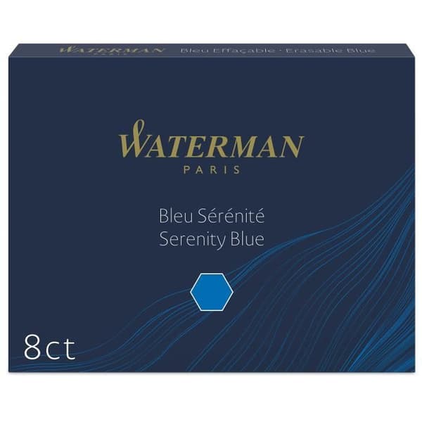 WATERMAN låda med 8 långa patroner, raderbart Serenity Blue-bläck för reservoarpenna