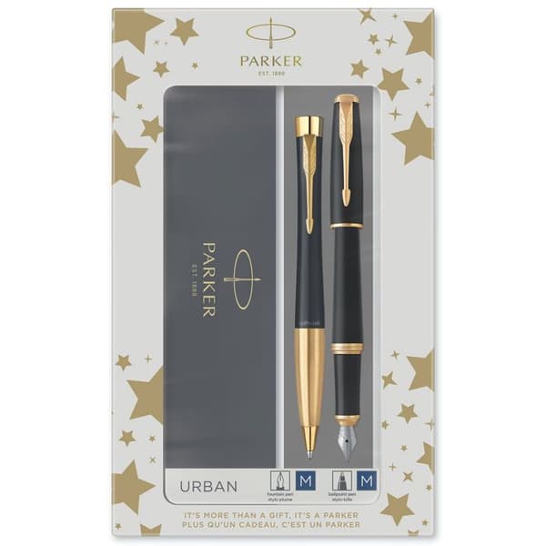 PARKER Urban Duo presentset: reservoarpenna och kulspetspenna, mattsvart, guldkant