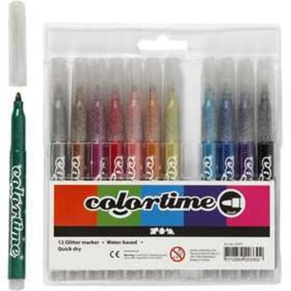 Glittrande pennor - COLORTIME - Spets 4,2 mm - Paket med 12 - Färgmix - Blanda