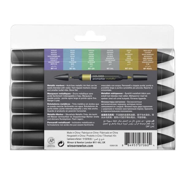 Pennor - Winsor och Newton - ProMarker Metallic - 6-pack - Bred och fin spets - Icke giftiga