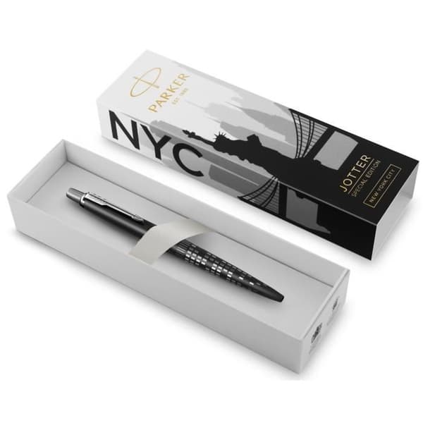 Parker Jotter Special Edition New York Kulspetspenna, Black Satin Body, NYC Towers Design, Medium Point, Blue Ink, Presentbox