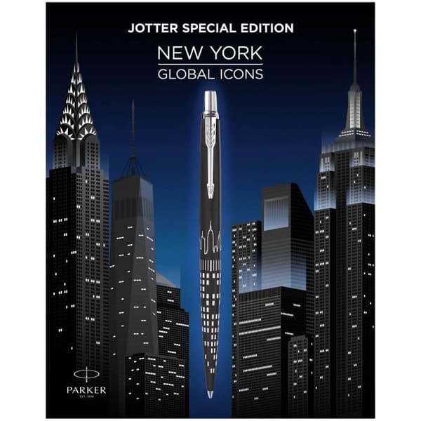 Parker Jotter Special Edition New York Kulspetspenna, Black Satin Body, NYC Towers Design, Medium Point, Blue Ink, Presentbox