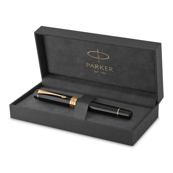 PARKER Duofold Centennial reservoarpenna, svart, guldkant, fin 18K guldspets, presentförpackning
