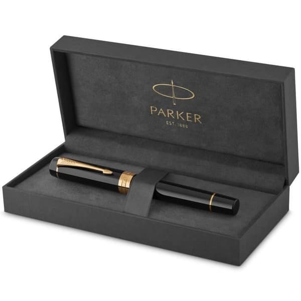 PARKER Duofold Centennial reservoarpenna, svart, guldkant, medium 18K guldspets, presentförpackning