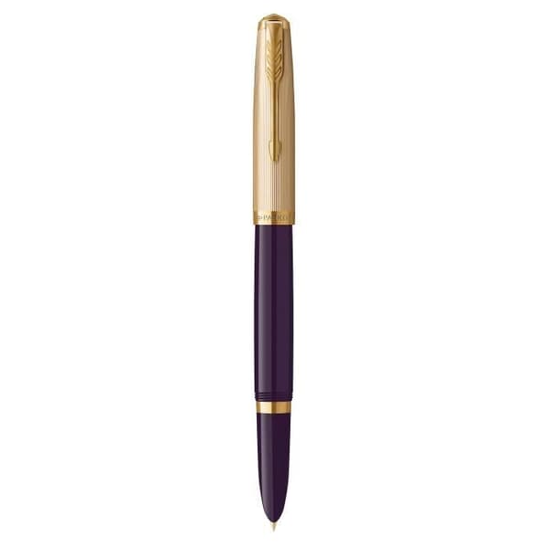 PARKER 51 Premium reservoarpenna, plommonhartsfat + guldpläterad mössa, gyllene kant, 18k fin spets, presentförpackning