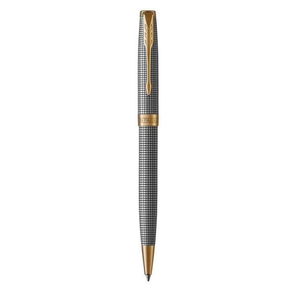 PARKER Sonnet Kulspetspenna, mejslad silver, guldkant, Medium Point Black Refill – presentförpackning