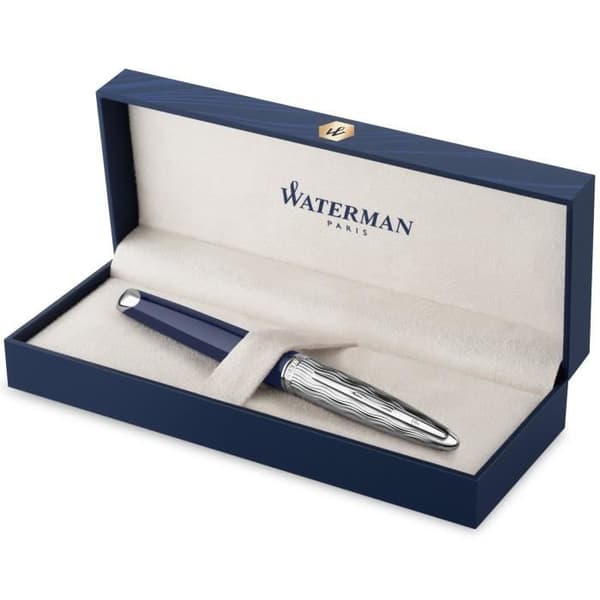 WATERMAN Carène Deluxe reservoarpenna, blå, palladiumfinish, 18K medellång spets, blå bläckpatron, presentförpackning