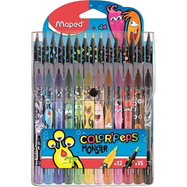 Färgpennor och tuschpennor - MAPED - Color'Peps Monster - Högtålig - 12 tuschpennor och 15 färgpennor