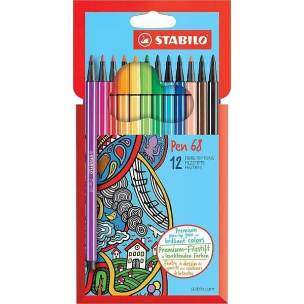 Färgpennor - STABILO - Pen 68 - 12 färger - Spets konformad 1 mm - Vattenbaserat bläck