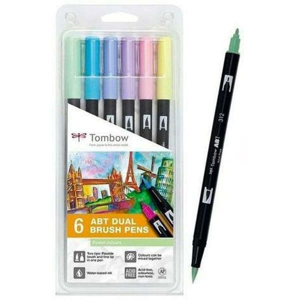 Tombow Markers - ABT-6C-4 - Set med 6 ABT vattenbaserade dubbla borstpennor med två Candy Colors-spetsar