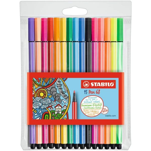 Färgpennor - STABILO - Pen 68 - Förpackning med 15 - Blandade färger - Spets 1,0 mm