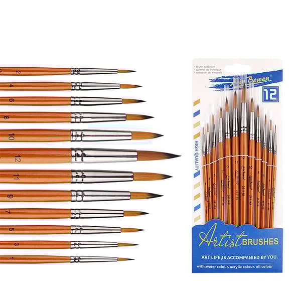 INF Vattenfärgspenselset i trä och nylonhår, 12 st, HB-25114B rund spets