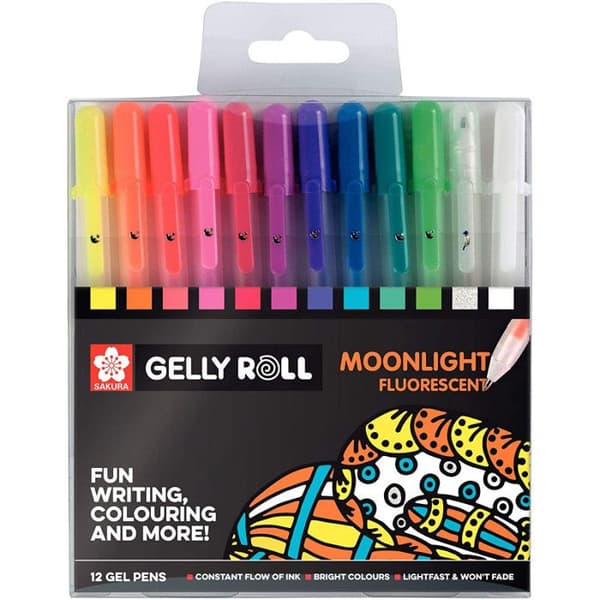 Set med 12 gelpennor - SAKURA - Gelly Roll Moonlight - Fluorescerande - Glittrig - Fin spets