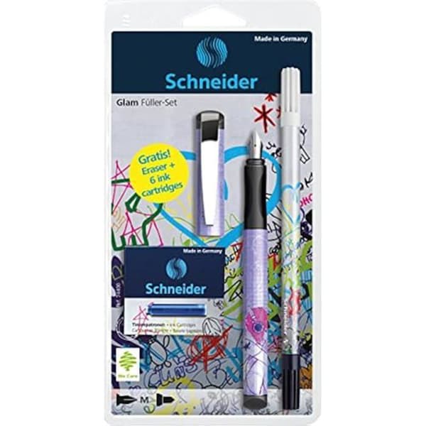Skrivset - SCHNEIDER - Glam - 2 verktyg - 6 blå bläckpatroner - Silverklämma
