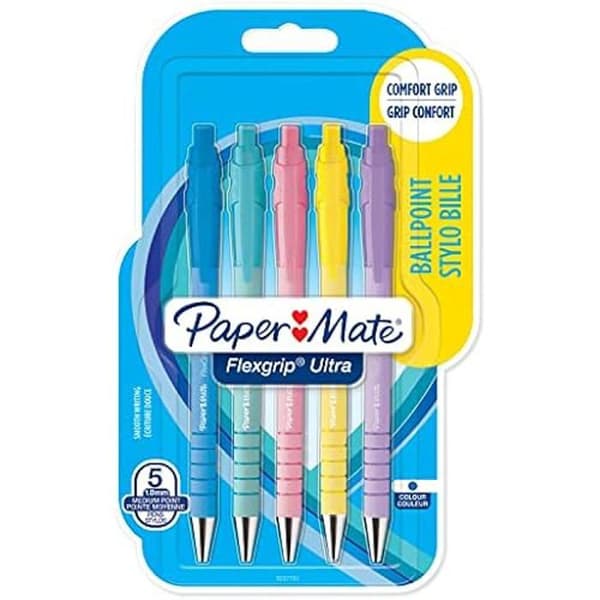 Retraktabel kulpen - PAPER MATE - Flexgrip Ultra - Mellanstorlek 1,0 mm - Blått bläck - 5-pack