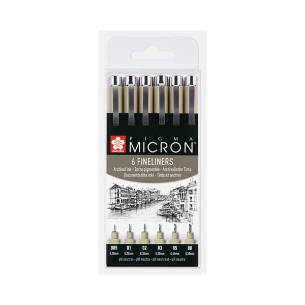 Precisionspennor - Sakura - Pigma Micron - 6 pennor - Spets 0,2-0,5 mm - Svart