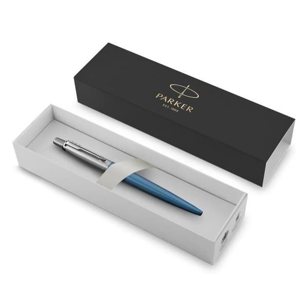 PARKER Jotter kulspetspenna, Waterloo blå, kromkant, Medium Point blå refill, Presentförpackning