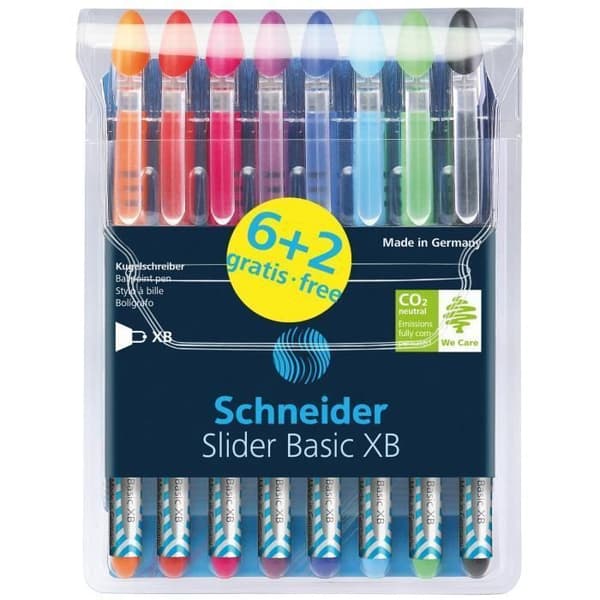 Kulspet - Slider - Basic XB - Fodral med 8 stycken - Erbjudande 6+2 - Assorterande färger
