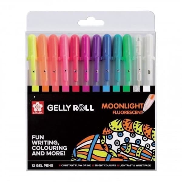 Set med 12 gelpennor - SAKURA - Gelly Roll Moonlight - Fluorescerande - Glittrig - Fin spets