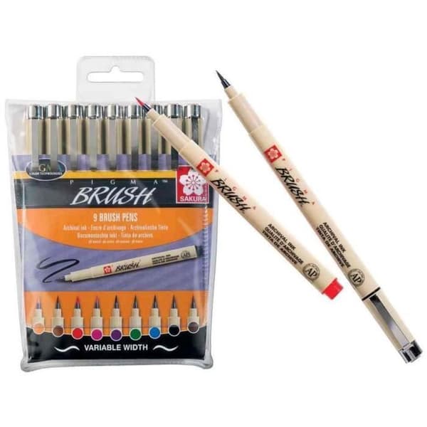 Feutre PIGMA BRUSH - SAKURA - Stor - 9 assorterade färger - Vattentålig - Permanent - Intensiv