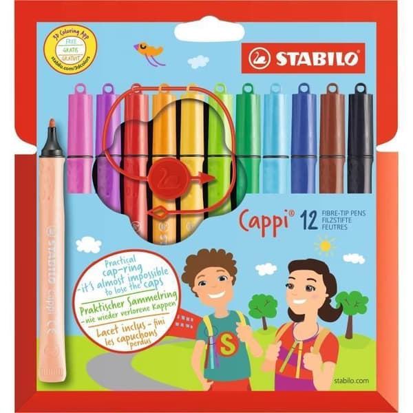 Färgpennor - STABILO - Cappi - Set med 12 + 1 spets - Tvättbart bläck - 1,0 mm spets