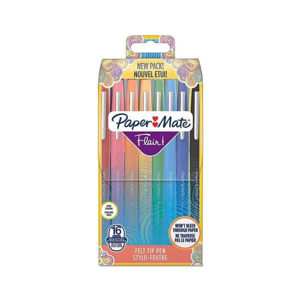 Paper Mate Flair Original - 16 markörer - Diverse färger - medium spets 0,7 mm - i påse